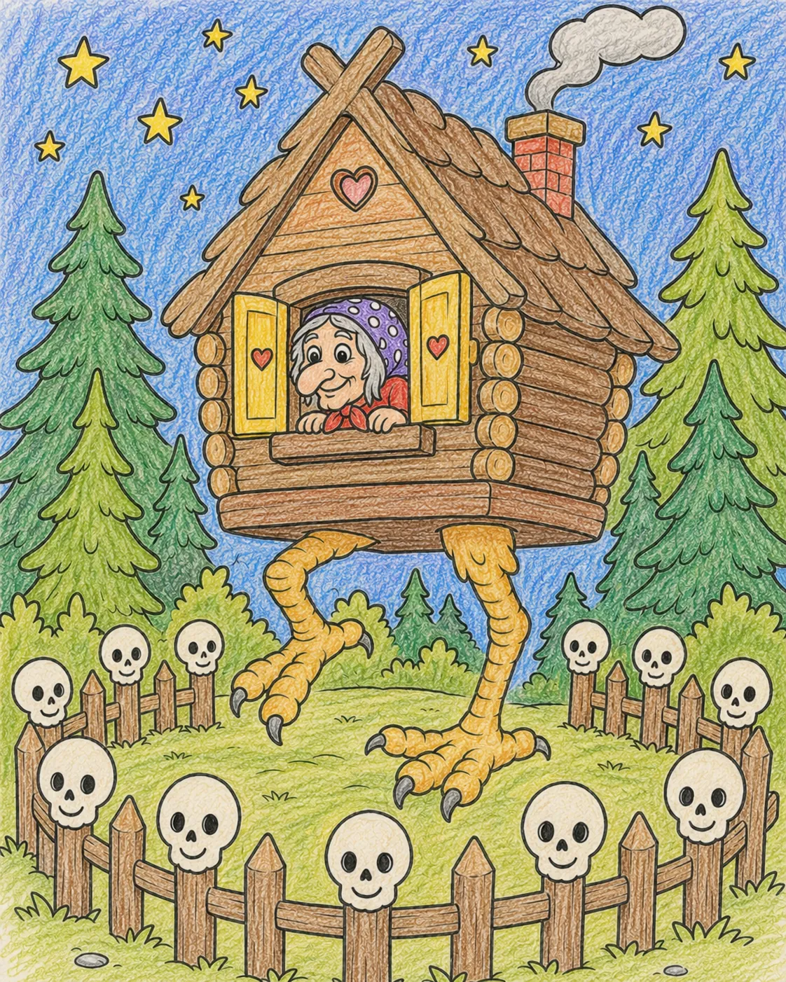 Baba Jaga und ihre tanzende Hütte auf Hühnerbeinen im Wald