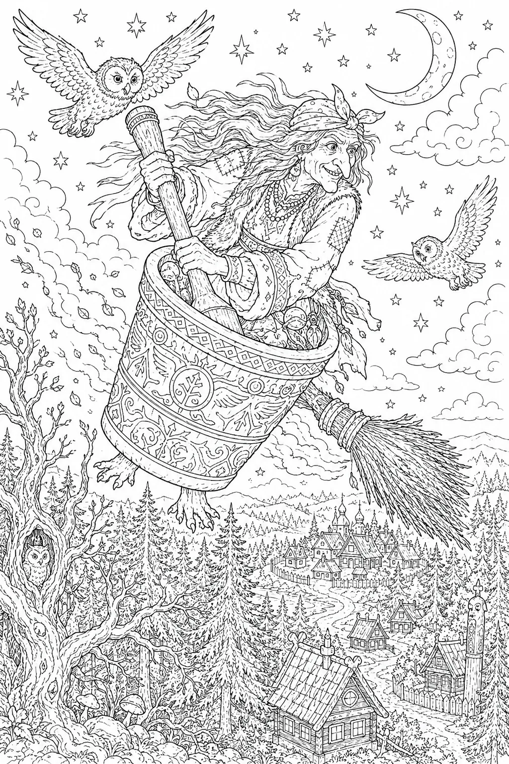 Ausmalbild: Baba Jaga fliegt auf einem großen Steinstößel durch den Nachthimmel über dem Wald