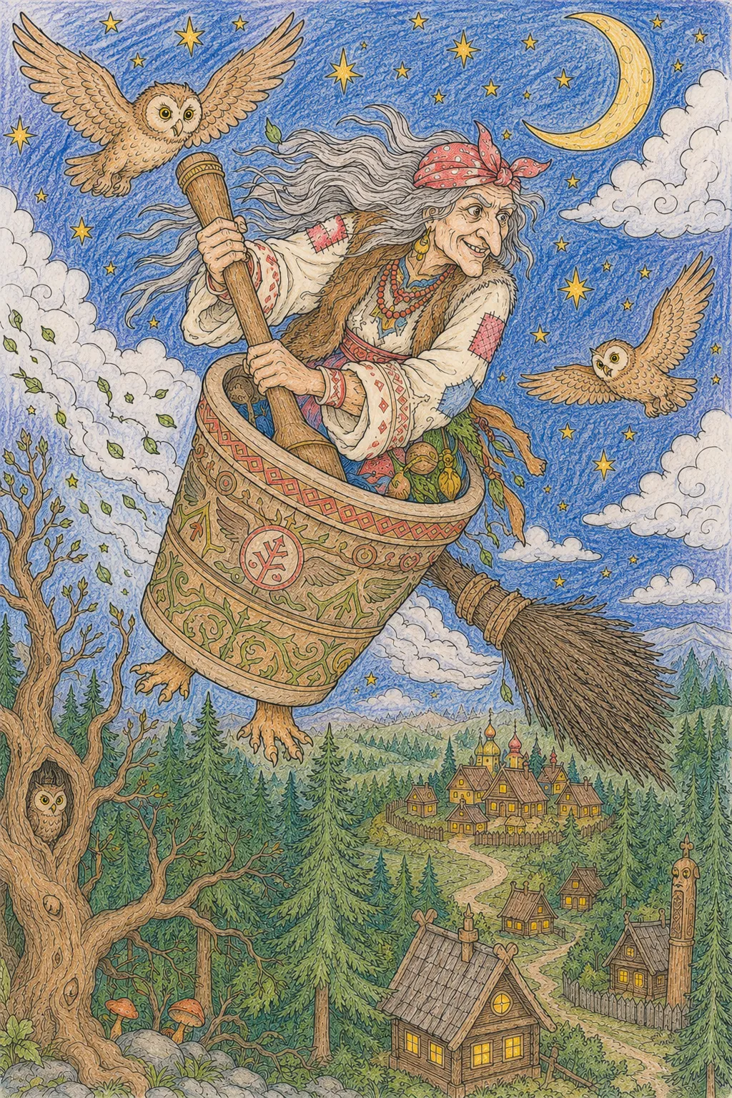 Baba Jaga fliegt im Mörser durch die Nacht und wischt ihre Spuren weg