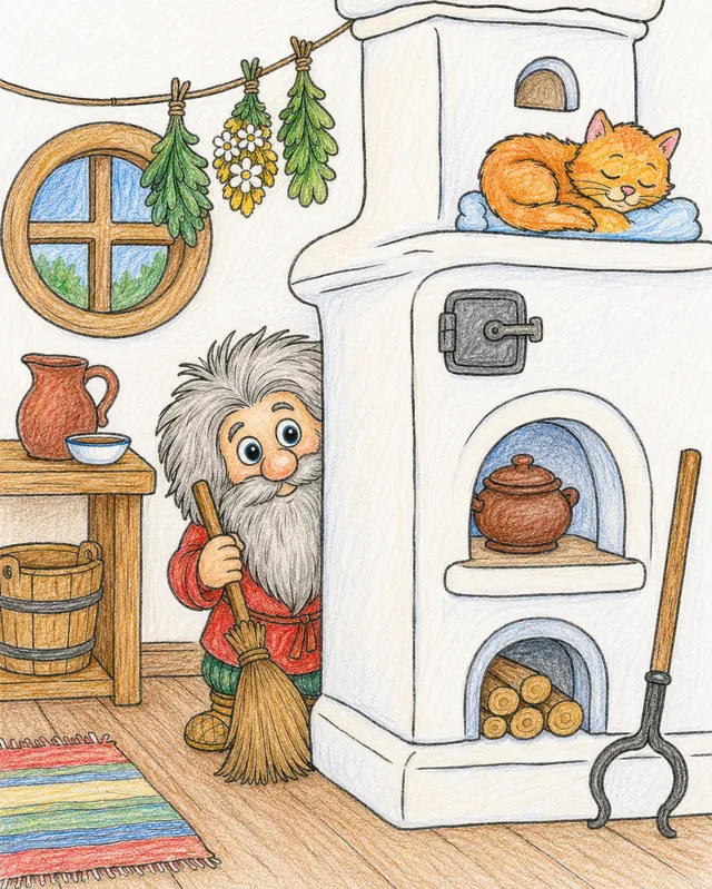 Ausmalbild: Kleiner Domovoi-Hausgeist schaut hinter einem alten Holzofen hervor