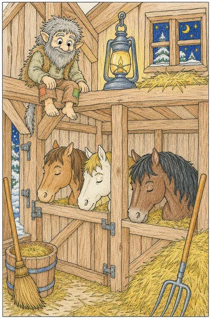 Der Dvorovoi-Stallgeist beschützt die Pferde im Winter-Stall – So könnte es aussehen