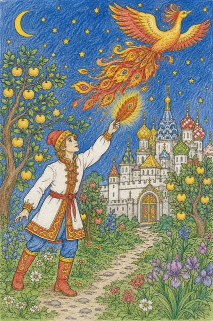 Ausmalbild: Ivan streckt die Hand nach der leuchtenden Schwanzfeder des Feuervogels aus
