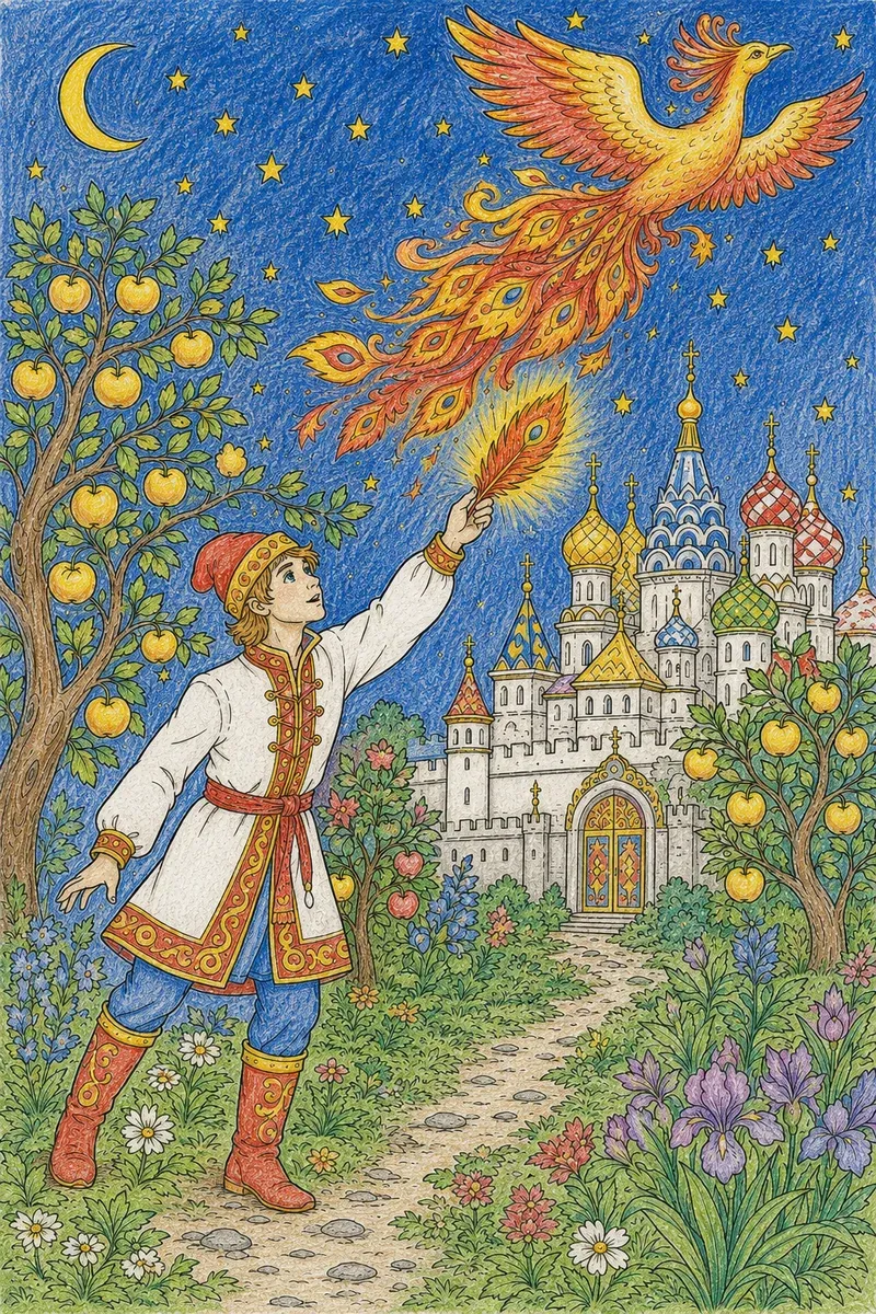Ivan hält die Schwanzfeder des Feuervogels im goldenen Apfelgarten
