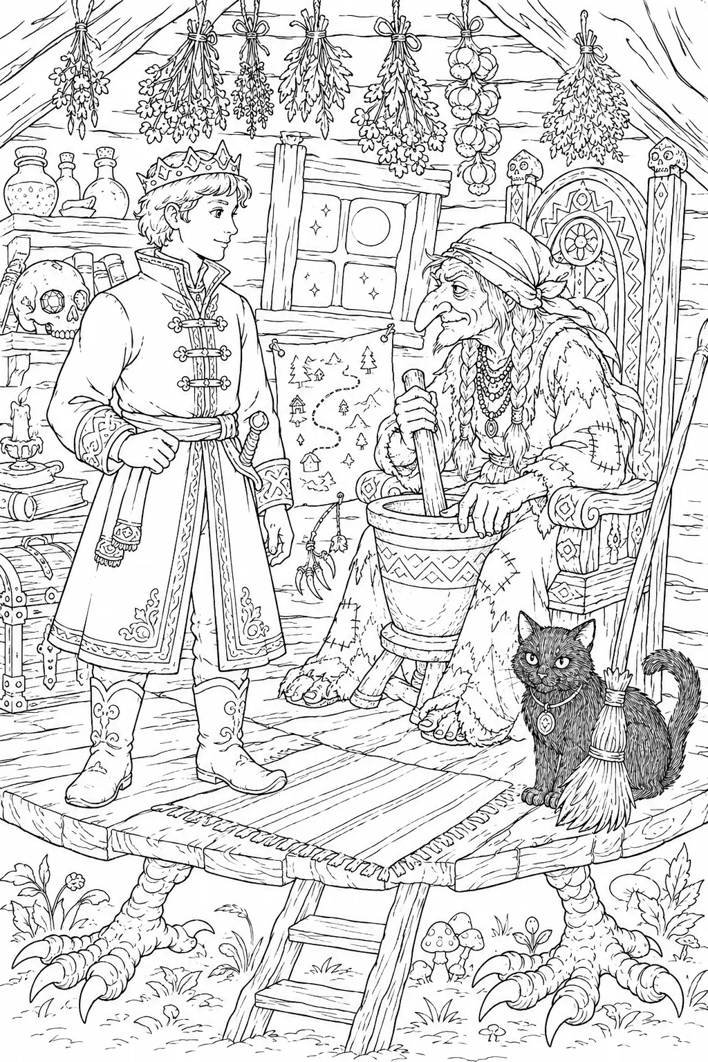 Ausmalbild: Junger Held Ivan steht vor Baba Jaga, die in ihrem Stuhl sitzt