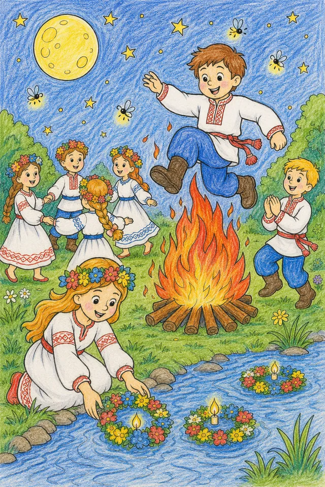 伊万库帕拉——仲夏夜年轻人跳过火堆 – 涂色效果预览