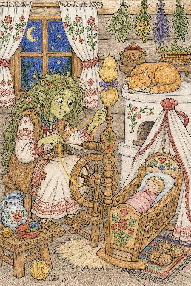 Ausmalbild: Kikimora sitzt am Spinnrad bei Mondlicht neben dem Bettchen eines schlafenden Kindes