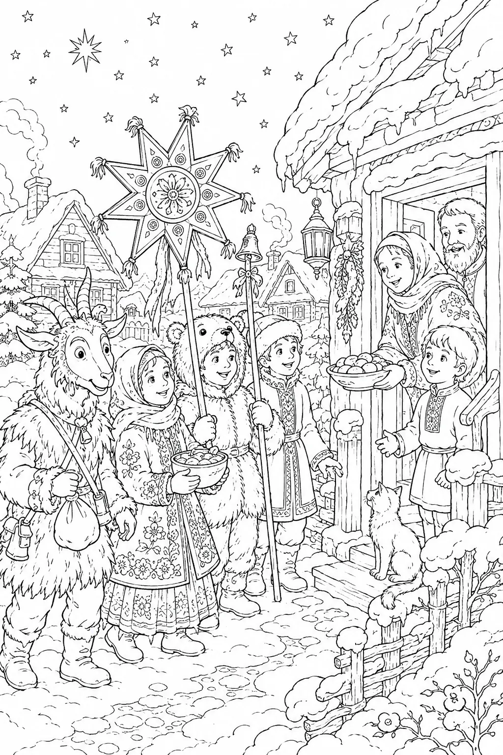 涂色页：科利亚达歌手带着星星和动物面具穿过雪地村庄