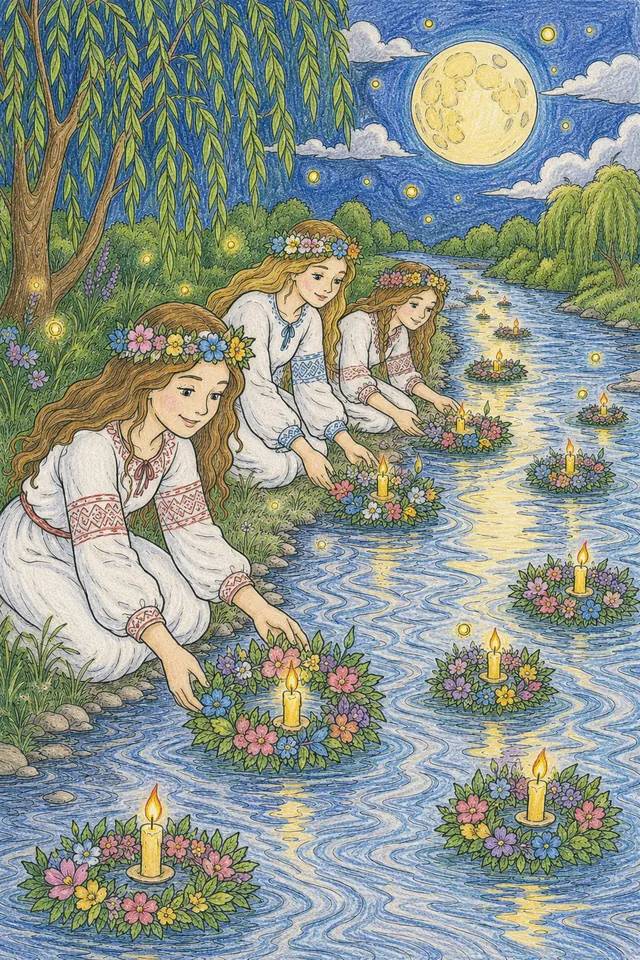 Ausmalbild: Mädchen lassen beleuchtete Blumenkränze in der Kupala-Nacht auf einem mondbeleuchteten Fluss treiben
