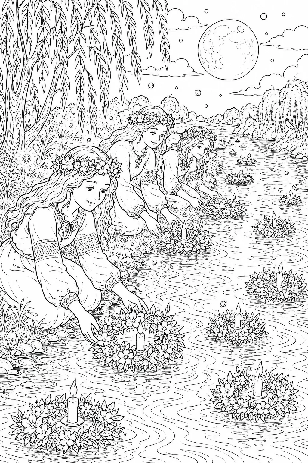 Ausmalbild: Mädchen lassen beleuchtete Blumenkränze in der Kupala-Nacht auf einem mondbeleuchteten Fluss treiben