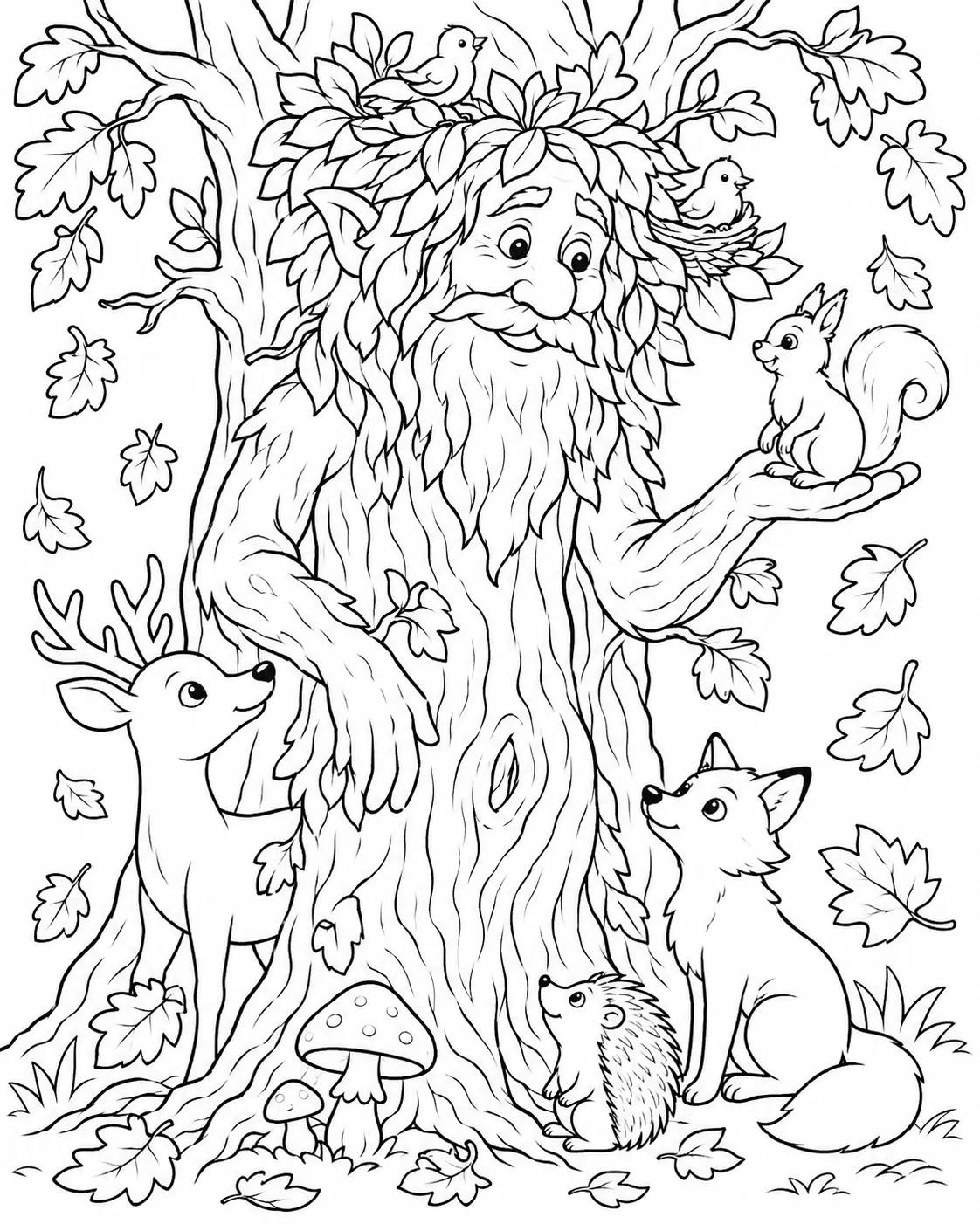 Ausmalbild: Waldgeist Leshy steht als baumartiges Wesen in einem herbstlichen Wald