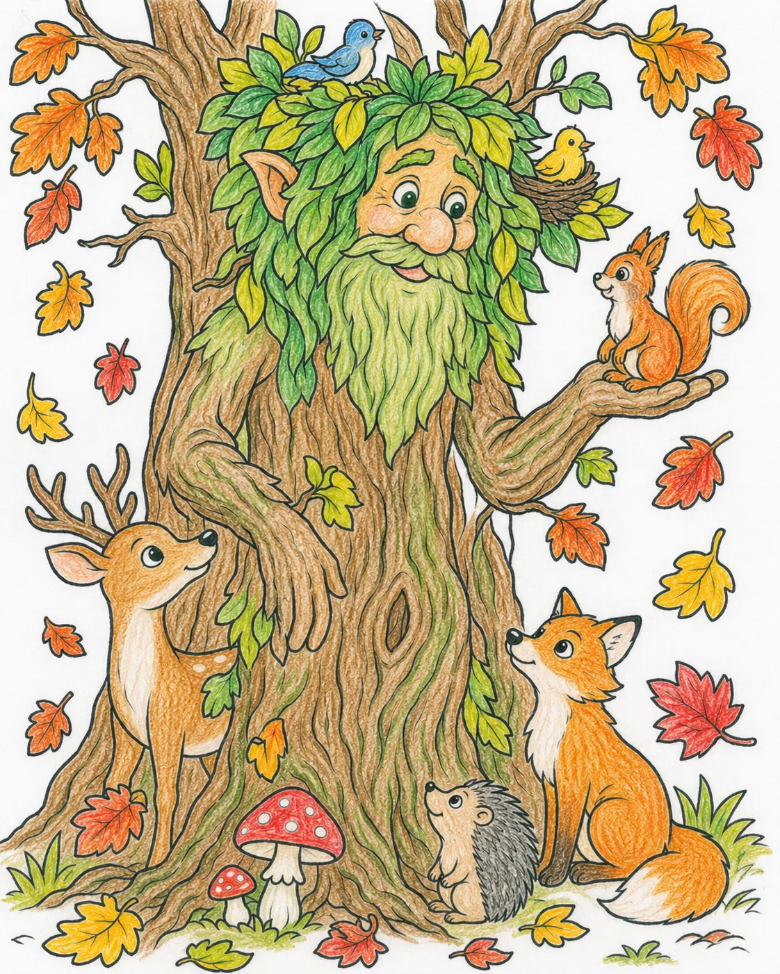 Leshy, der Waldgeist, verwandelt sich in einen alten Baum im herbstlichen Wald