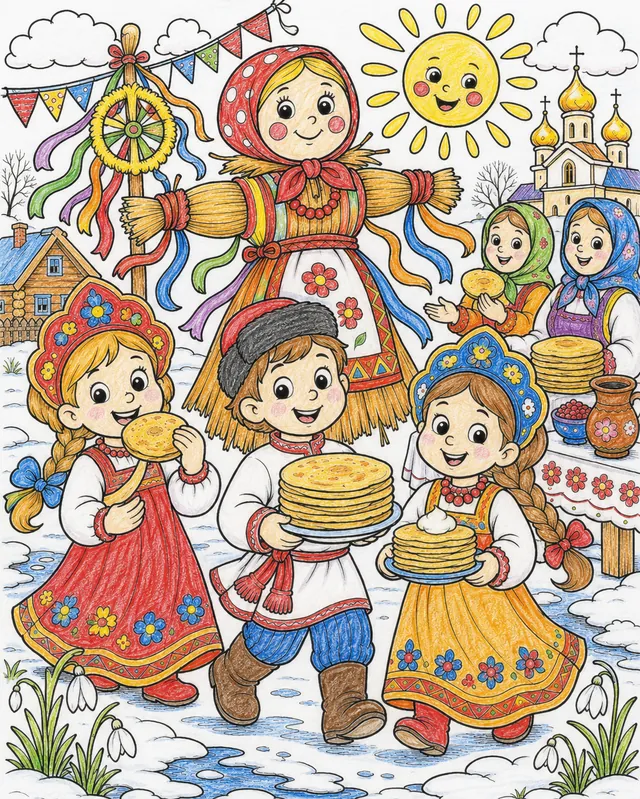 涂色页：孩子们在春季节日上与薄饼和草娃娃一起庆祝马斯列尼察