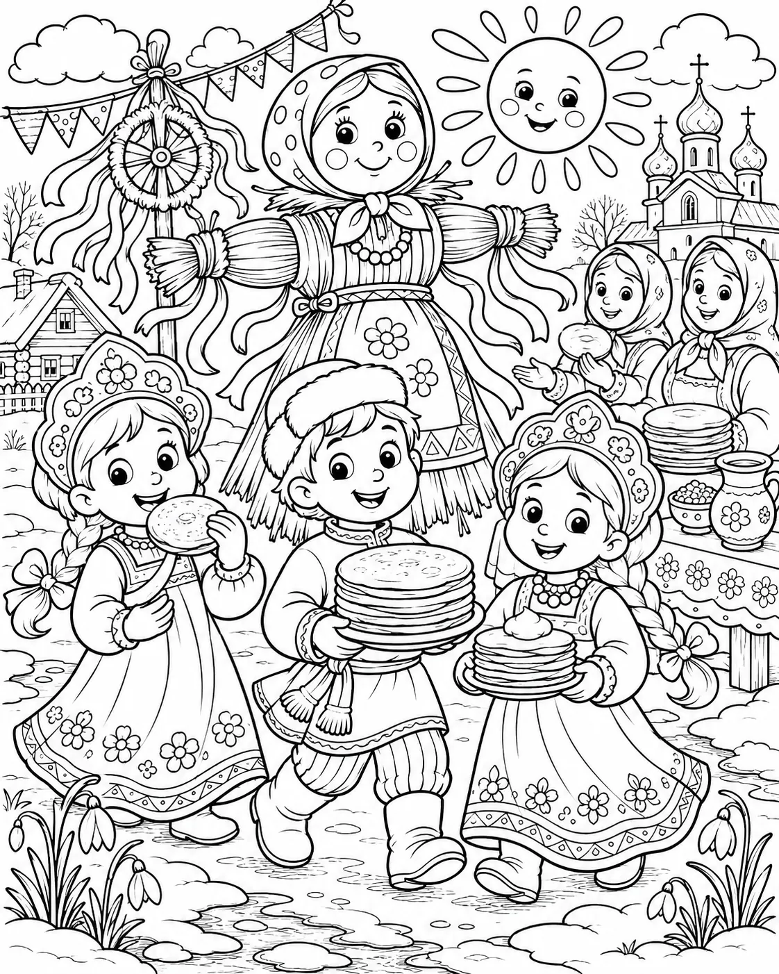 涂色页：孩子们在春季节日上与薄饼和草娃娃一起庆祝马斯列尼察