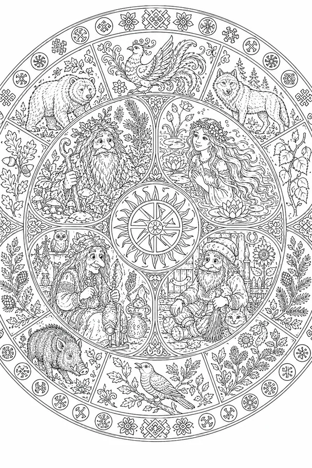 Slavic Nature Spirits Mandala: Leshy, Rusalka, Kikimora and Domovoi in a Circle