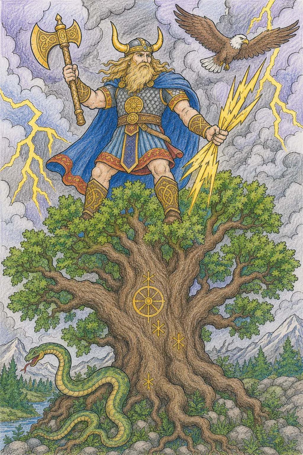 雷神佩鲁恩在圣橡树上挥舞他的锤子