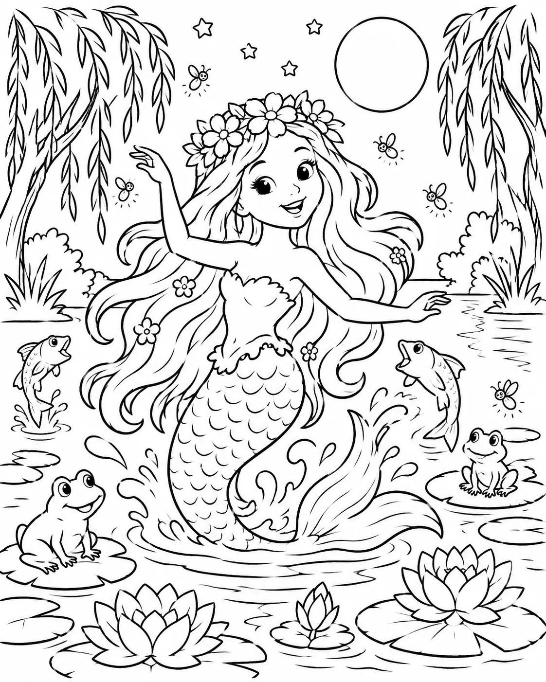 Ausmalbild: Wassergeist Rusalka tanzt auf einer mondbeleuchteten Flusslandschaft mit Seerosen