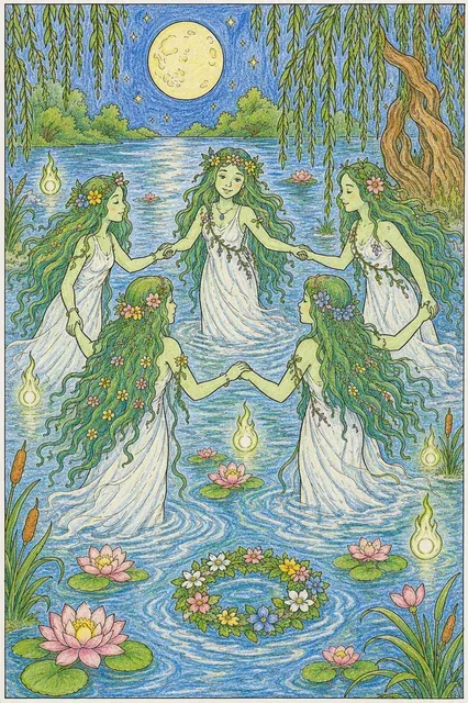 Rusalka tanzt mit anderen Wassergeistern im Sommermondlicht am Ufer – So könnte es aussehen