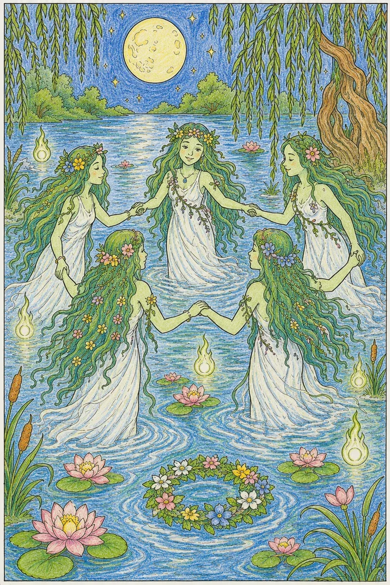 Rusalka tanzt mit anderen Wassergeistern im Sommermondlicht am Ufer