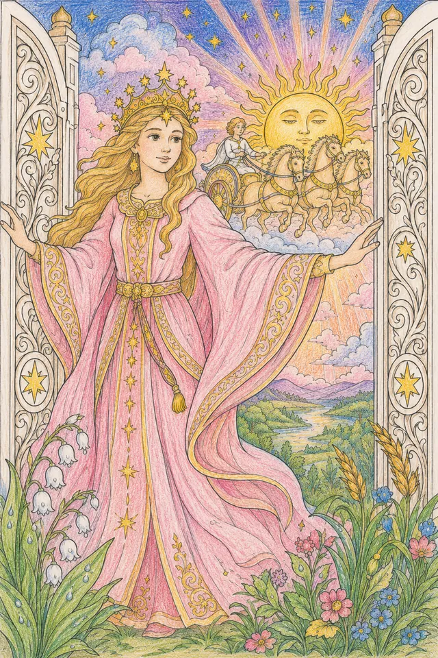 涂色页：光辉女神佐里亚为太阳战车打开天堂的金门