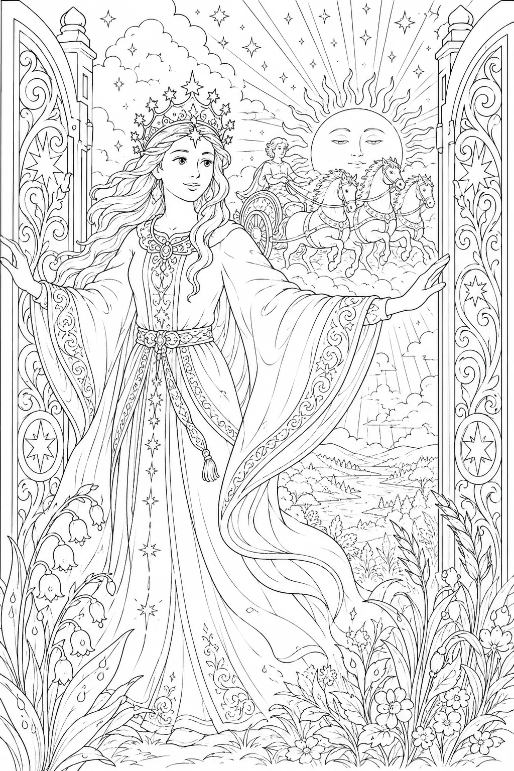 Coloring page: radiant goddess Zorya opening the golden gates of heaven for the sun chariot