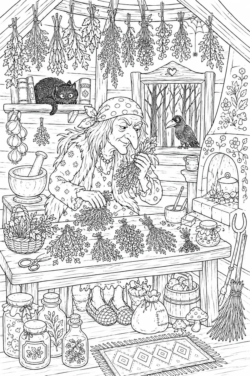 芭芭雅嘎小屋内部横切面涂色画