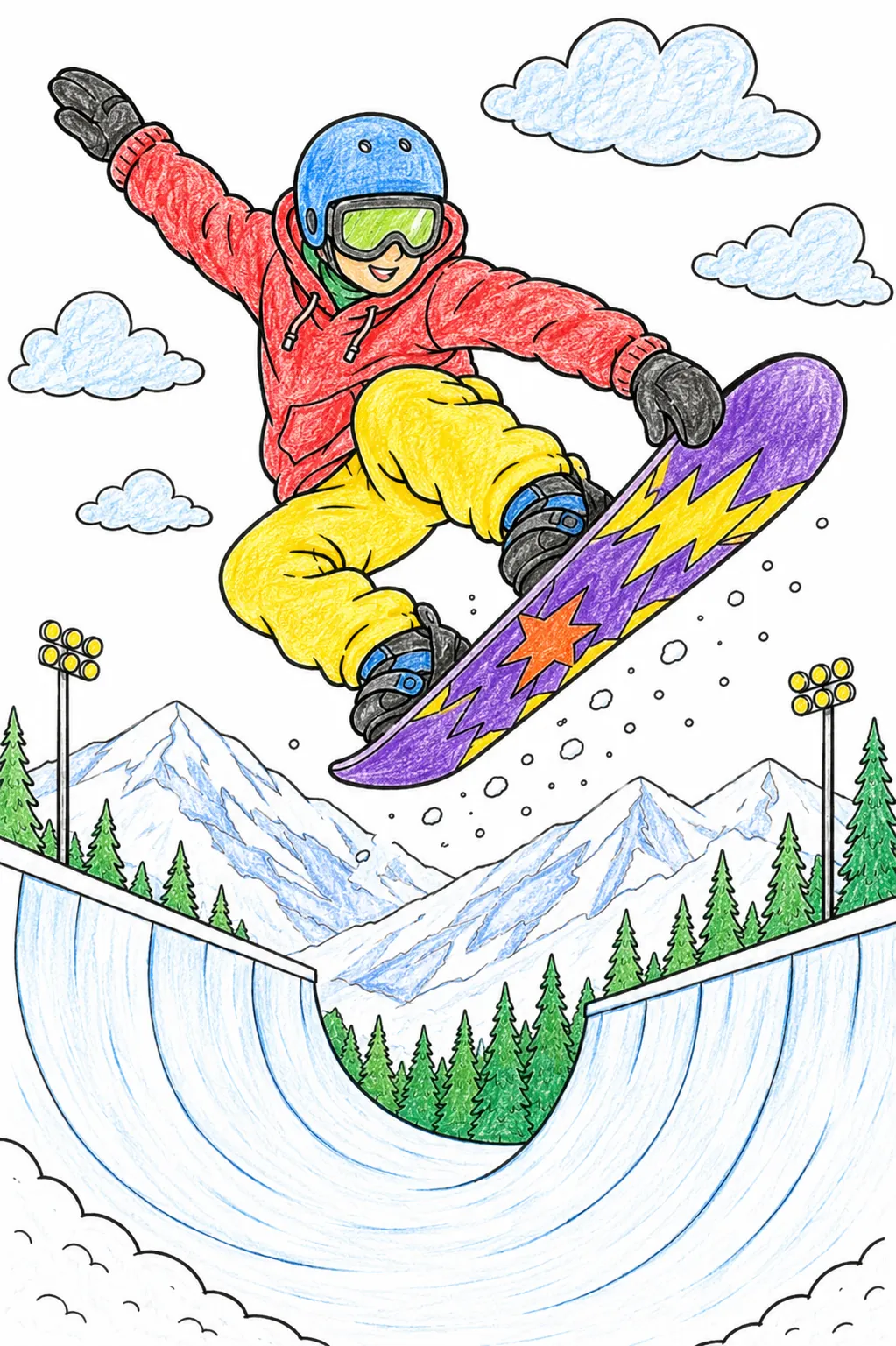 单板滑雪者在半管道上空表演惊人的跳跃
