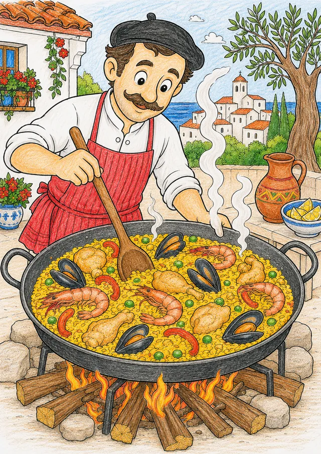 Ausmalseite: Spanische Köchin rührt im Freien riesige Paella-Pfanne mit Reis, Garnelen und Muscheln über Feuer