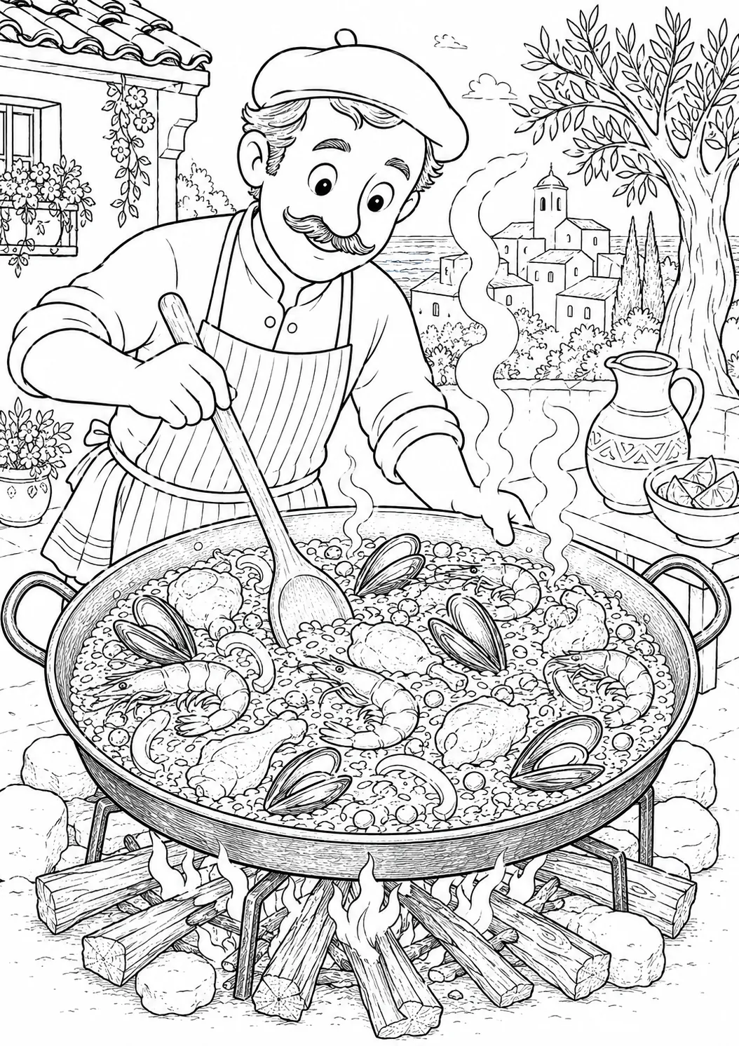 填色页：西班牙厨师在户外明火上翻炒装有米饭、大虾和贻贝的大海鲜饭锅