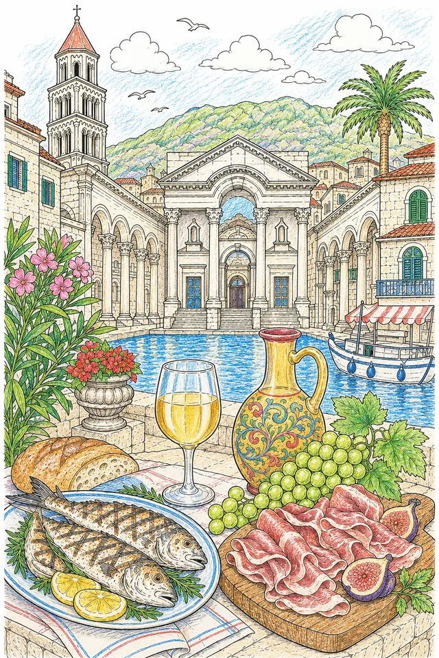 Split: Peristyle columns Roman / Vestibule oculus / Riva promenade boats / grilled fish char marks / Prošek amber wine / Pršut rose ham