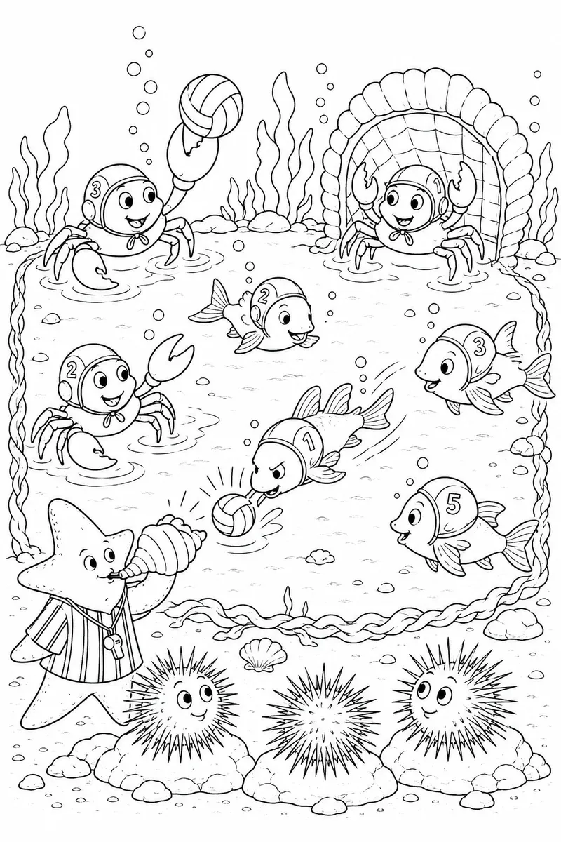 Ausmalbild eines Wasserball-Spiels zwischen Krabben und Fischen mit Seestern-Schiedsrichter