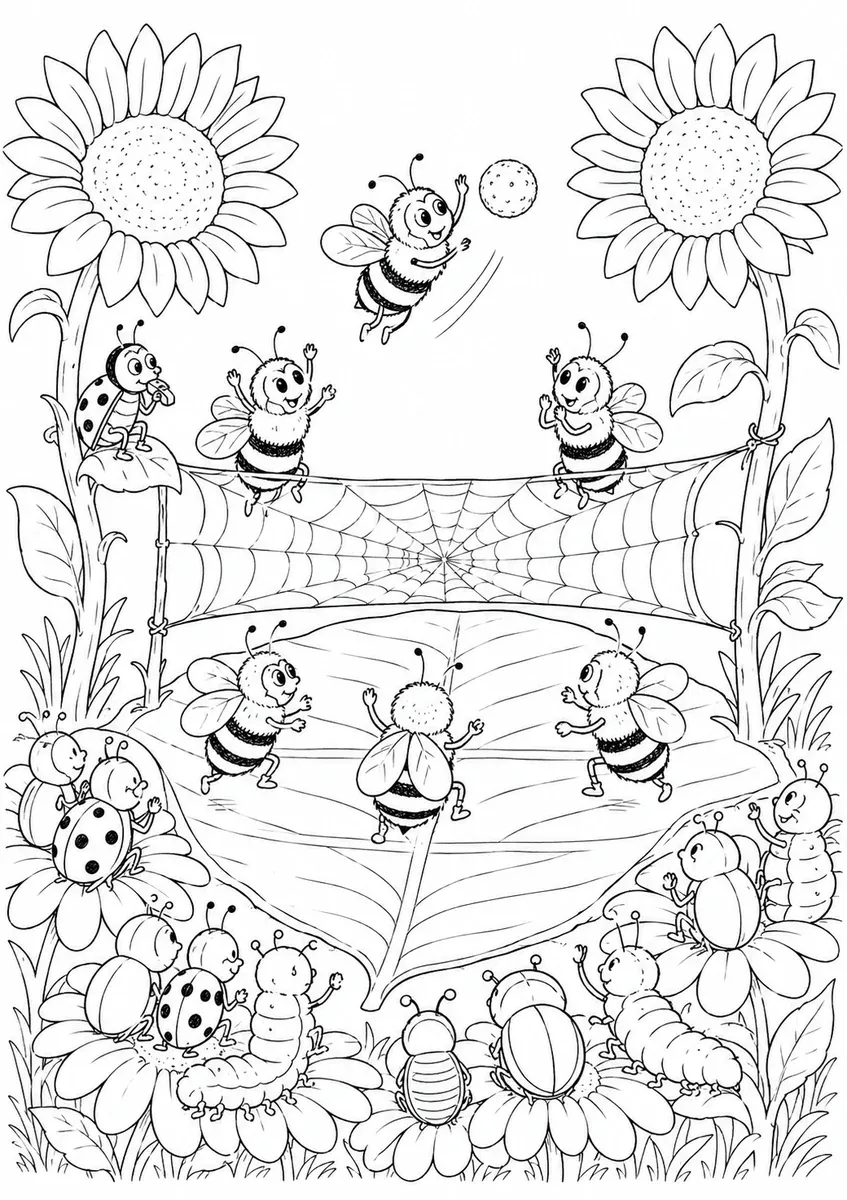 Dibujo de abejas jugando voleibol entre girasoles