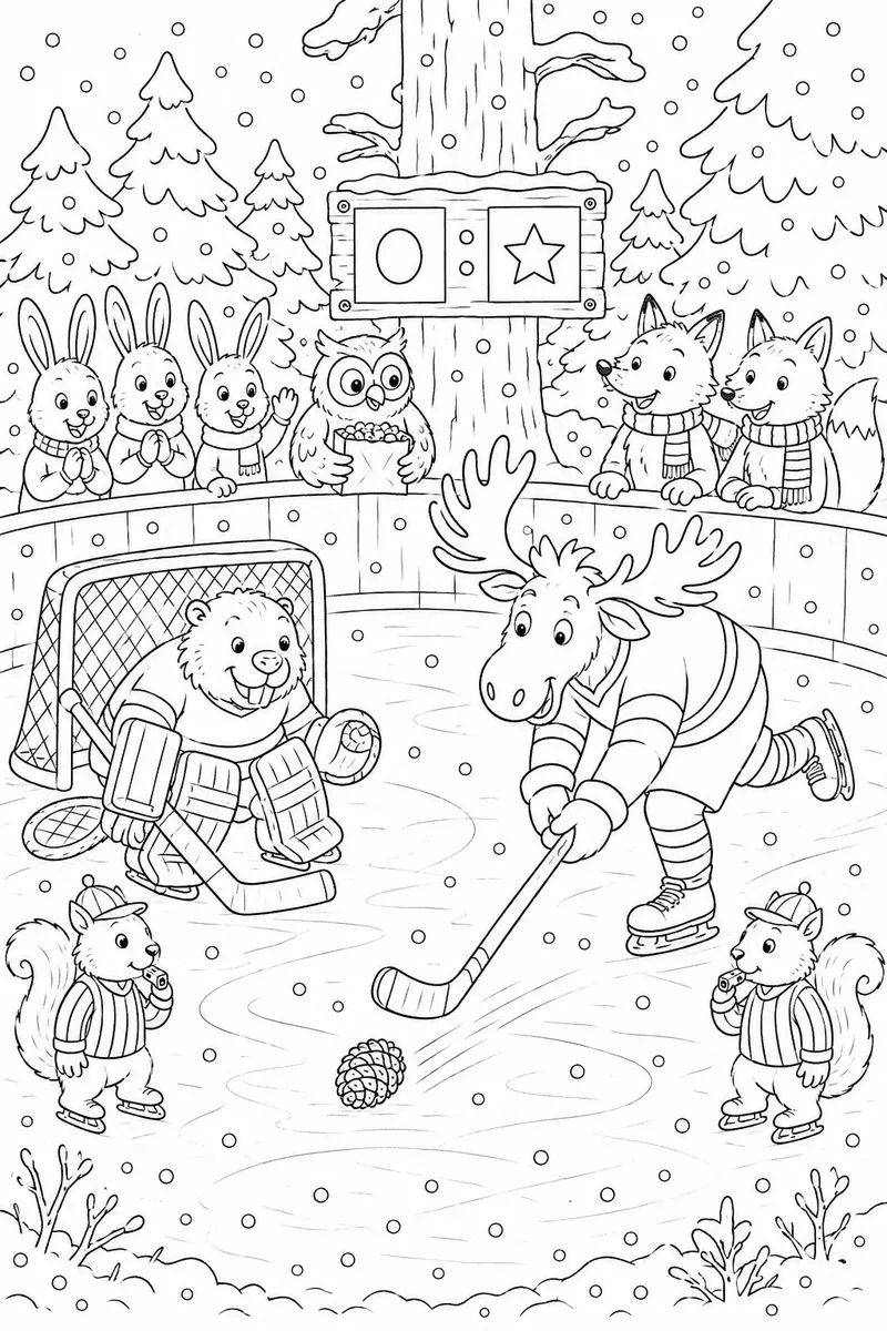 Ausmalbild eines Eishockeyspiels im Wald mit Biber als Torwart und Elch als Angreifer