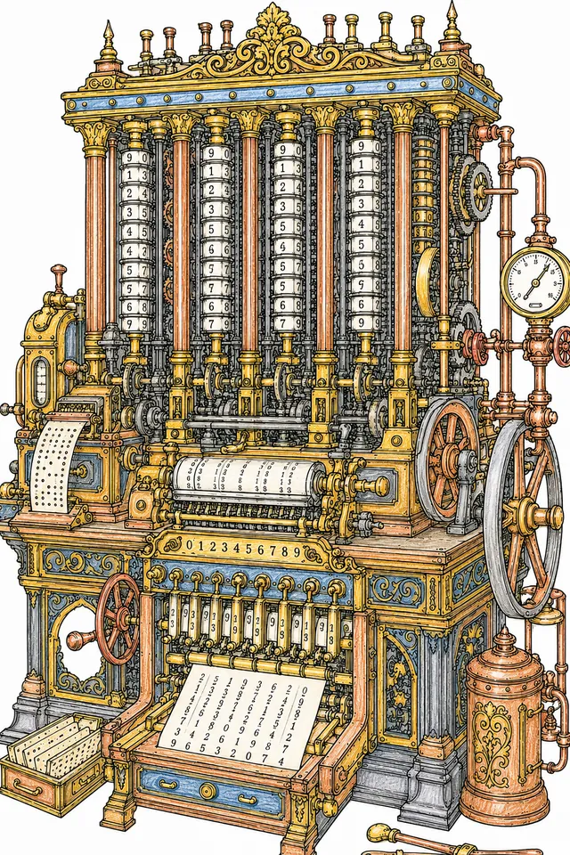 Ausmalseite: Viktorianische Steampunk-Rechenmaschine mit Zahnradsäulen und Messinggehäuse