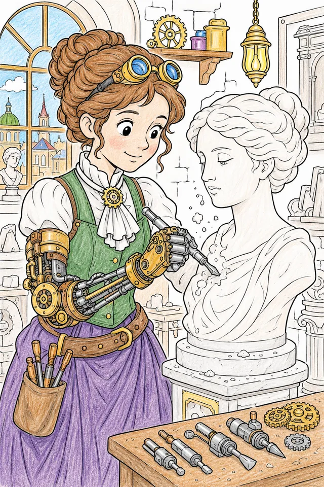 Steampunk-Bildhauerin mit mechanischem Schnitzarm – So könnte es aussehen