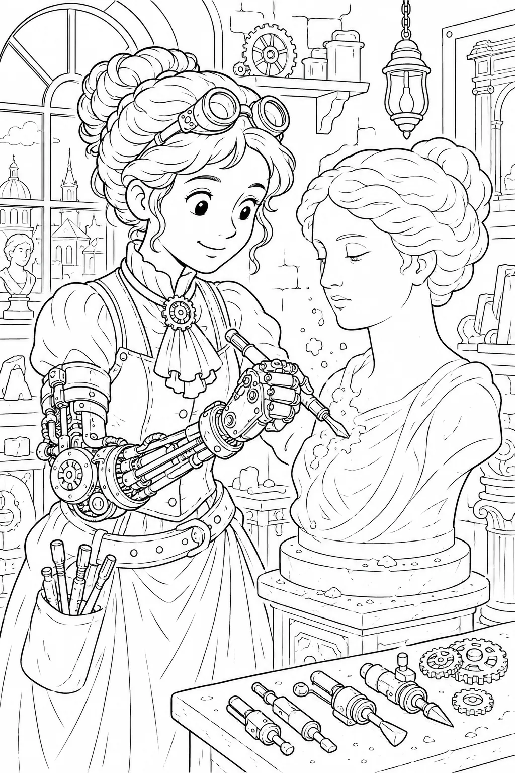 Ausmalseite: Steampunk-Bildhauerin mit mechanischer Armprothese arbeitet an einer Marmorstatue
