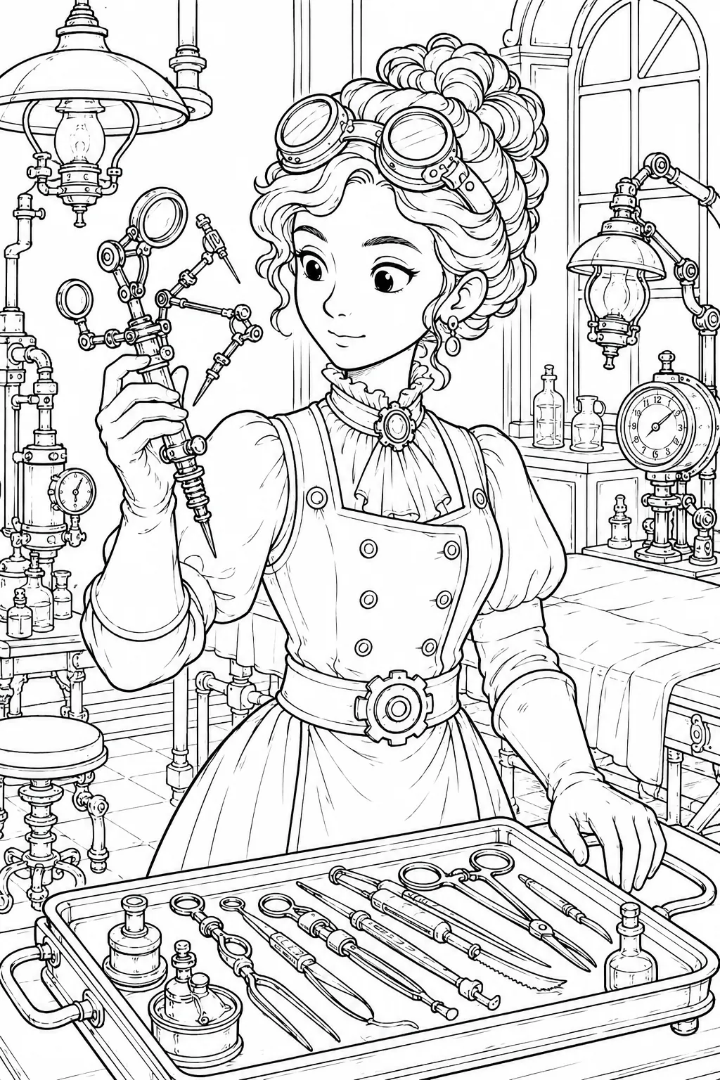 Ausmalseite: Steampunk-Chirurgin in Operationsmantel und Schutzbrille hält komplexes Messinginstrument mit Gelenkarmen hoch