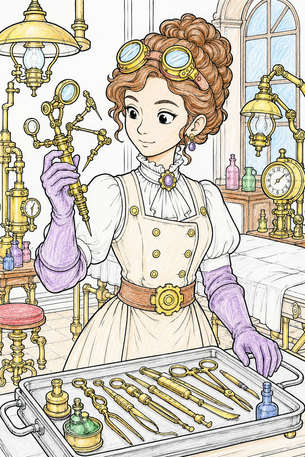Steampunk-Chirurgin mit mechanischen Instrumenten