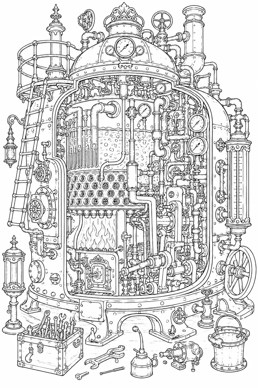 Ausmalseite: Detaillierter Steampunk-Dampfkessel-Querschnitt mit Ventilen und Manometern