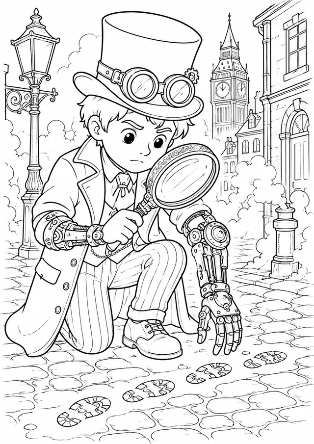 Steampunk-Detektiv mit Lupe und mechanischem Arm