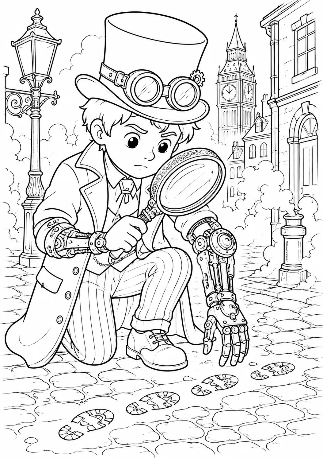 Ausmalseite: Steampunk-Detektiv in Mantel und Zylinder hält Lupe, anderer Arm mechanische Messingprothese mit Kolben