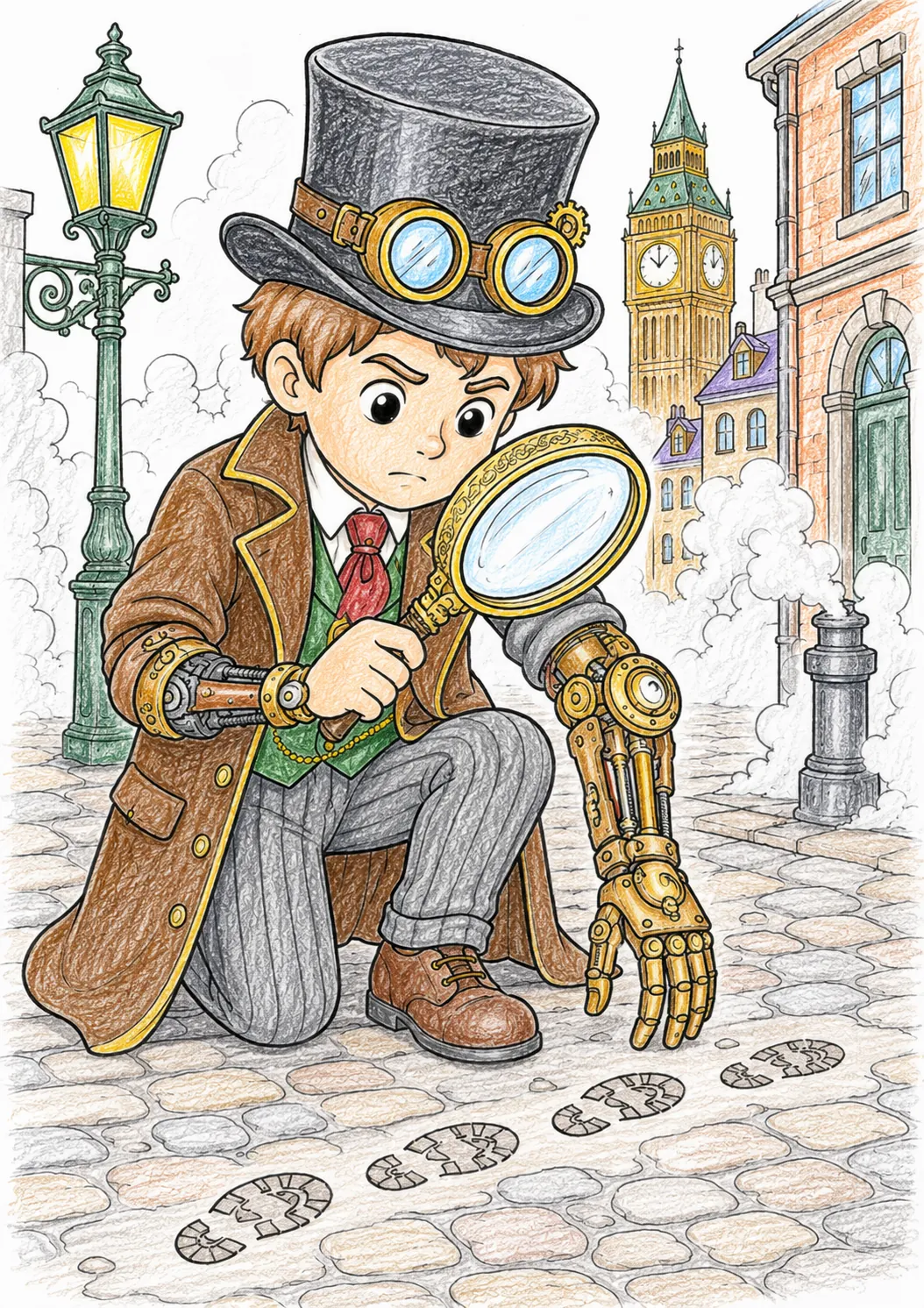 Steampunk-Detektiv mit Lupe und mechanischem Arm