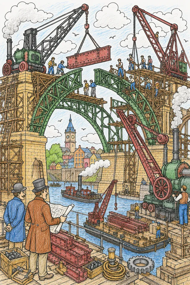 Ausmalseite: Detaillierte Steampunk-Eisenbahnbrücke im Bau mit Dampfkränen und Eisenträgern