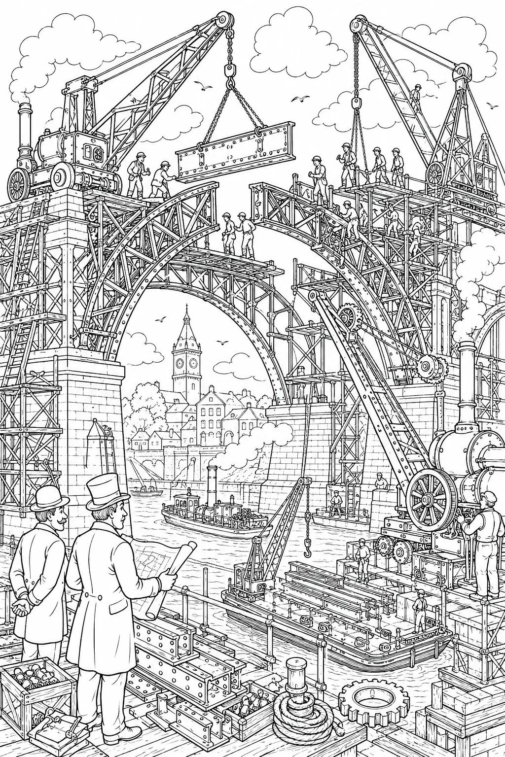 Ausmalseite: Detaillierte Steampunk-Eisenbahnbrücke im Bau mit Dampfkränen und Eisenträgern