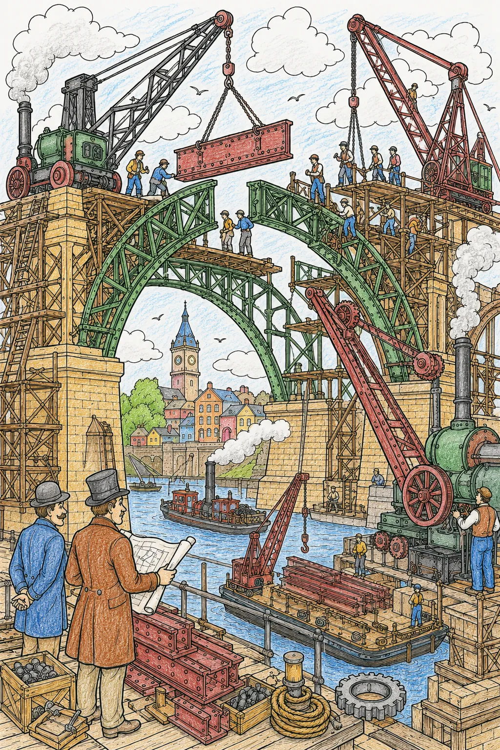 Steampunk-Eisenbahnbrücke im Bau mit Dampfkränen