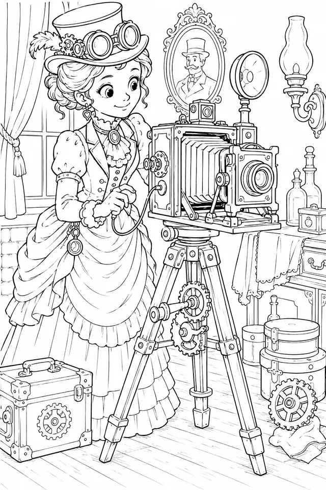 Steampunk-Fotografin mit Messingkamera