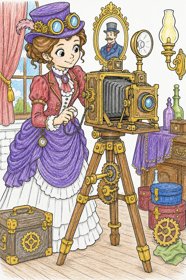 Ausmalseite: Steampunk-Fotografin mit großer Messingkamera auf Holzstativ