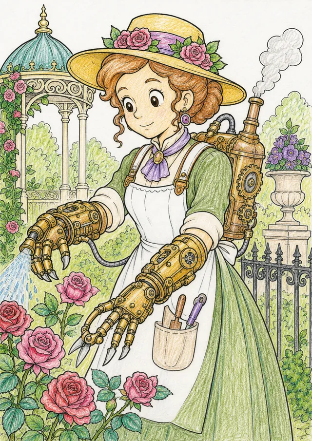 Colouring page: steampunk gardener with mechanical gloves and backpack steam pump in garden