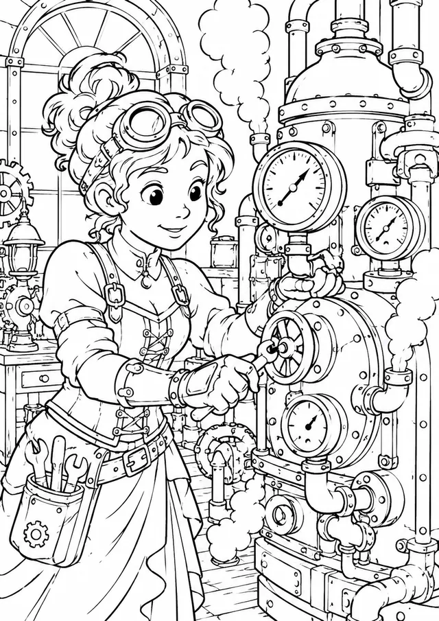 Steampunk-Ingenieurin an der Dampfmaschine