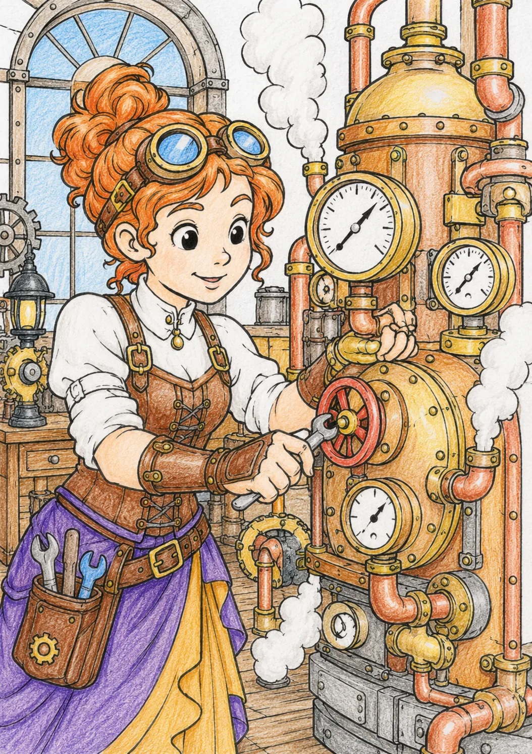 Steampunk-Ingenieurin an der Dampfmaschine