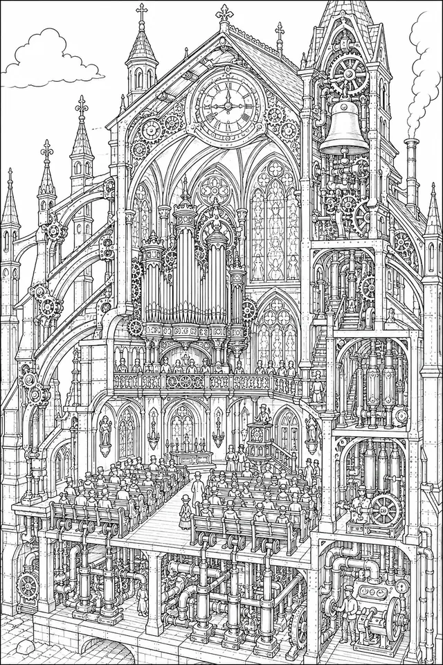 Steampunk-Kathedrale im Querschnitt